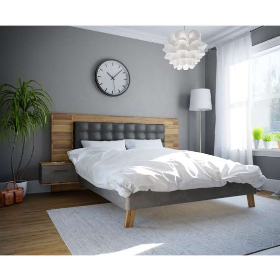 Seng RICCIANO med nattbord 160x200 cm - mørk betong - stav eik