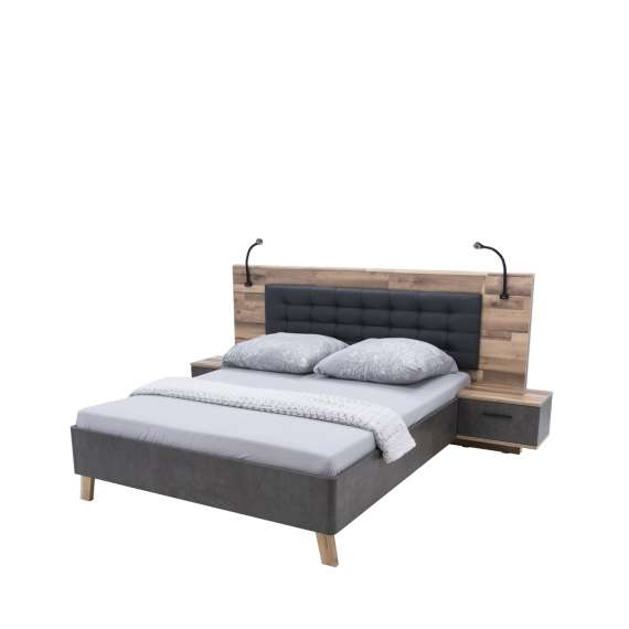 Seng RICCIANO med nattbord 160x200 cm - mørk betong - stav eik