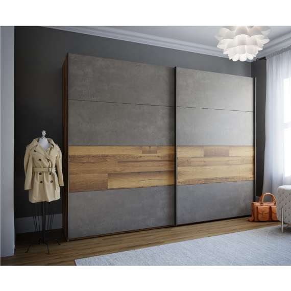 Garderobeskap RICCIANO 270x210 - mørk betong + stav eik