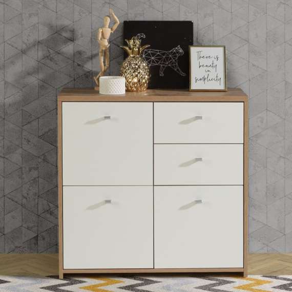 Skjenk BEST - 77x77 cm - eik artisan - hvit matt - 3 dører - 2 skuffer