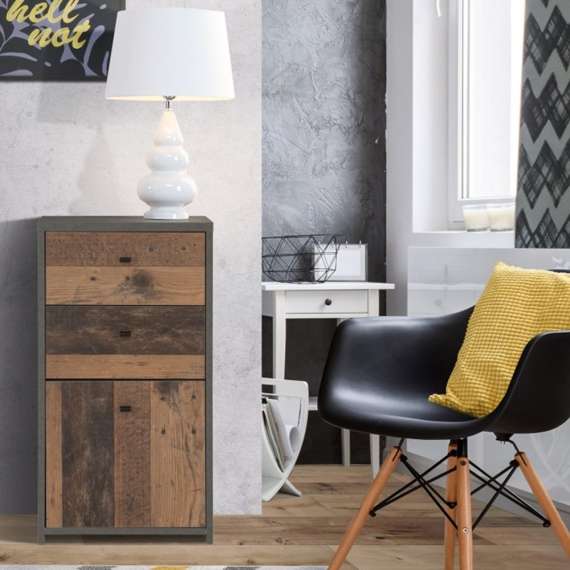 Skjenk BEST - 40x77 cm - mørk betong - wood vintage - 1dør - 3 skuffer