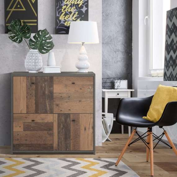 Skjenk BEST - 77x77 cm - mørk betong - wood vintage - 4dører