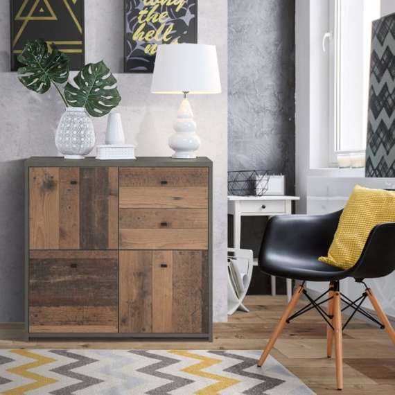 Skjenk BEST - 77x77 cm - mørk betong - wood vintage - 3 dører - 2 skuffer