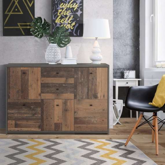 Skjenk BEST - 114x77 cm - mørk betong - woody vintage - 5 dører - 2 skuffer