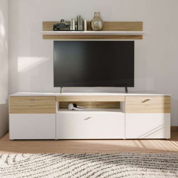 Tv-benk COMO - 210x59 cm -  secret grå - eik mauvella - 1 skuff - 2 dører