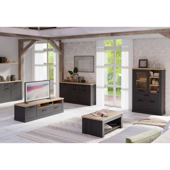 Tv-benk DURO 180x52 cm - 2 dører - 2 skuffer - eik cabezone - eik riviera