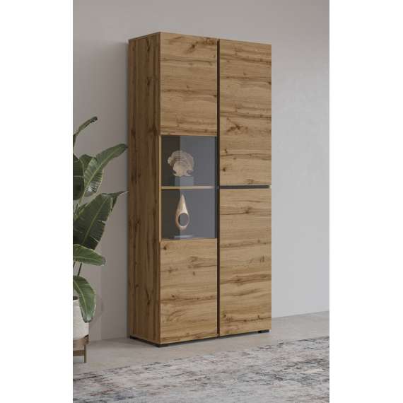 Vitrineskap Cross 79x183 cm - eik - sort - med belysning