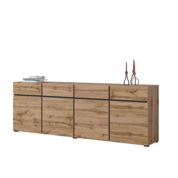 Skjenk Cross 225x78 cm - eik - sort - 4 dører - 4 skuffer