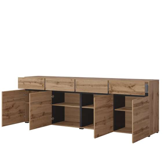 Skjenk Cross 225x78 cm - eik - sort - 4 dører - 4 skuffer