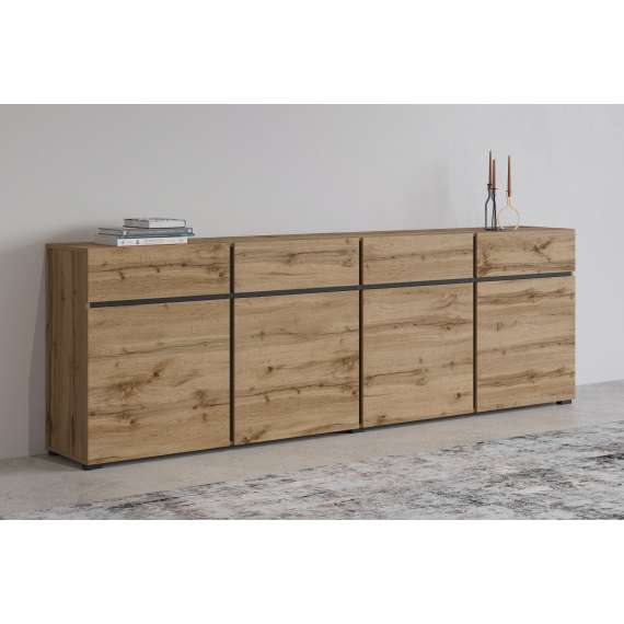 Skjenk Cross 225x78 cm - eik - sort - 4 dører - 4 skuffer