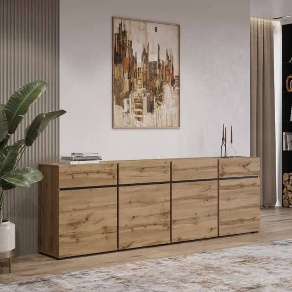 Skjenk Cross 225x78 cm - eik - sort - 4 dører - 4 skuffer