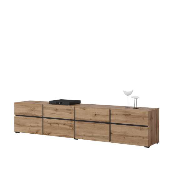 Tv-benk Cross 225x48 cm - eik - sort - 4 dører - 4 skuffer