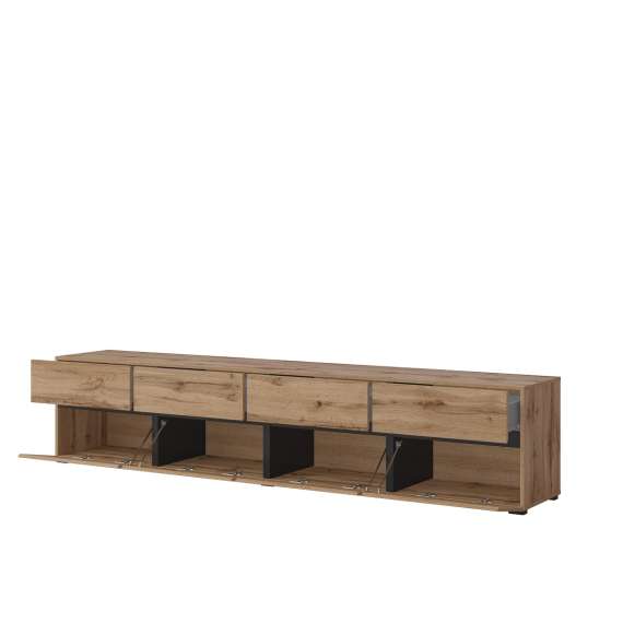 Tv-benk Cross 225x48 cm - eik - sort - 4 dører - 4 skuffer
