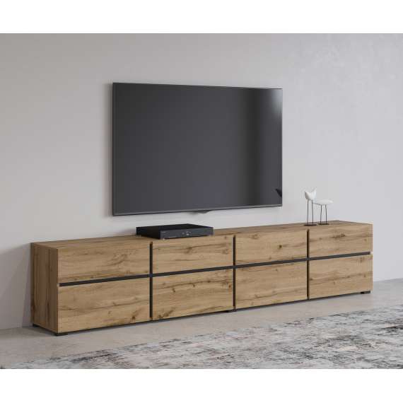 Tv-benk Cross 225x48 cm - eik - sort - 4 dører - 4 skuffer