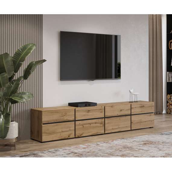 Tv-benk Cross 225x48 cm - eik - sort - 4 dører - 4 skuffer