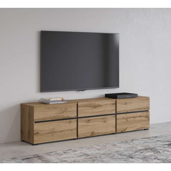 Tv-benk Cross 180x48 cm - eik - sort - 3 dører - 3 skuffer