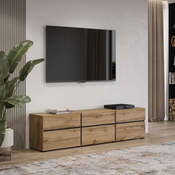 Tv-benk Cross 180x48 cm - eik - sort - 3 dører - 3 skuffer