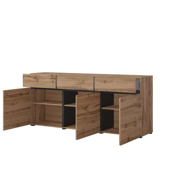 Skjenk Cross 180x78 cm - eik - sort - 3 dører - 3 skuffer