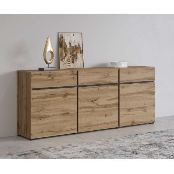 Skjenk Cross 180x78 cm - eik - sort - 3 dører - 3 skuffer