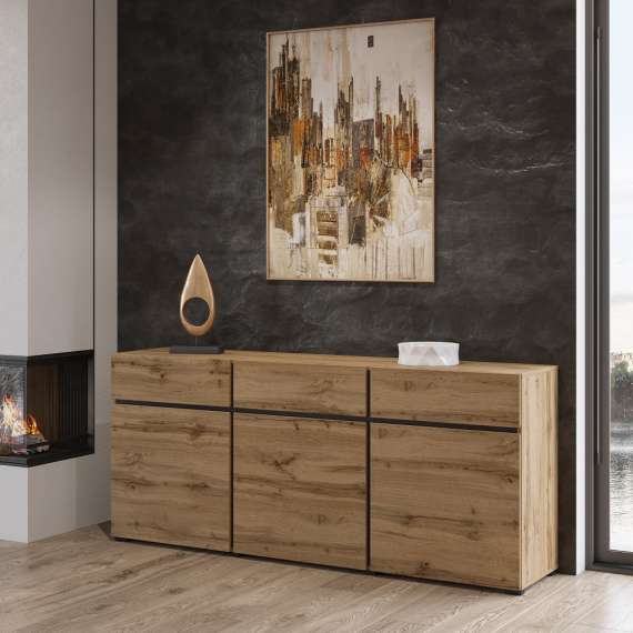 Skjenk Cross 180x78 cm - eik - sort - 3 dører - 3 skuffer