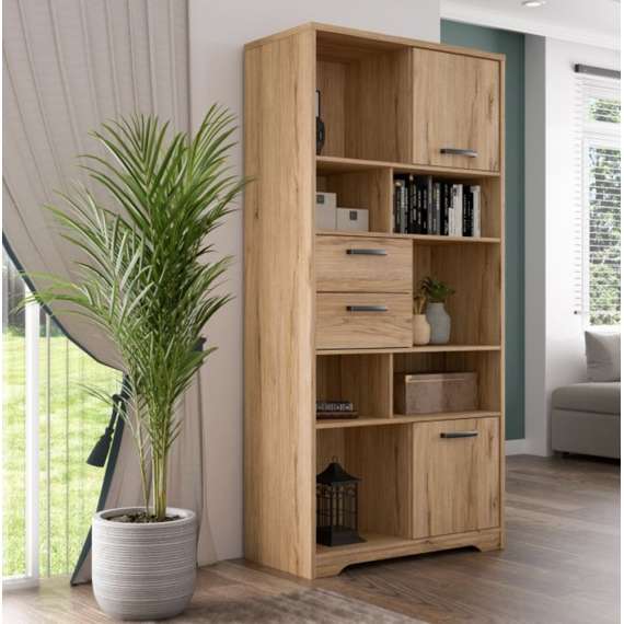 Reol JOAKIDIS 95x192 cm - 2 dører - 2 skuffer - hyller - eik catania