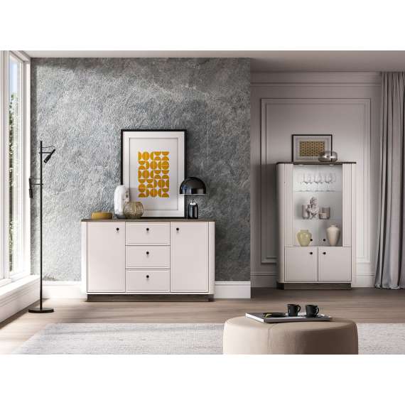 Skjenk VILAVIO 138x85 cm - 3 skuffer - 2 dører - eik windmill - cashmere - avrundede kanter