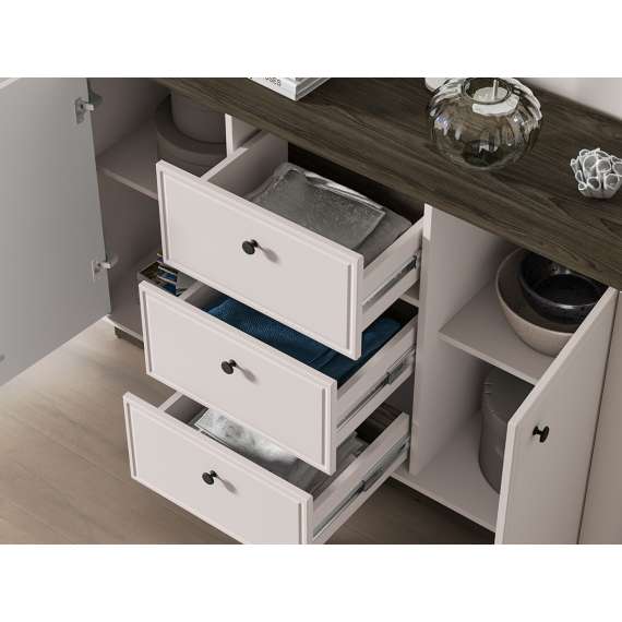 Skjenk VILAVIO 138x85 cm - 3 skuffer - 2 dører - eik windmill - cashmere - avrundede kanter