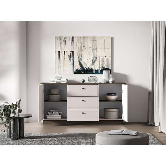 Skjenk VILAVIO 180x85 cm - 3 skuffer - 2 dører - eik windmill - cashmere - avrundede kanter