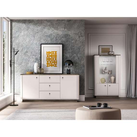 Skjenk VILAVIO 180x85 cm - 3 skuffer - 2 dører - eik windmill - cashmere - avrundede kanter