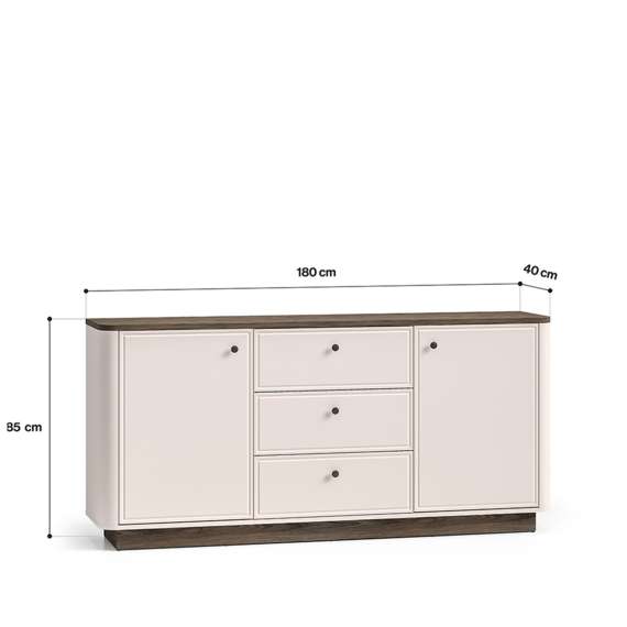 Skjenk VILAVIO 180x85 cm - 3 skuffer - 2 dører - eik windmill - cashmere - avrundede kanter