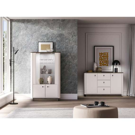 Vitrineskap VILAVIO 92x150 cm - 2 dører - eik windmill - cashmere - avrundede kanter