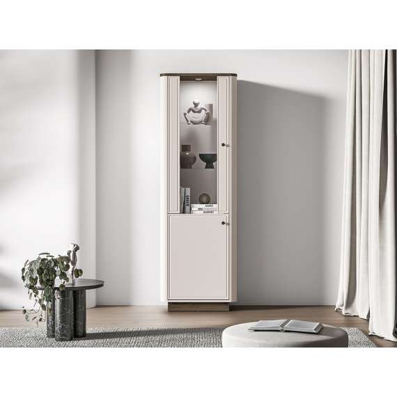 Vitrineskap VILAVIO 65x200 cm - 1 dør - eik windmill - cashmere - avrundede kanter