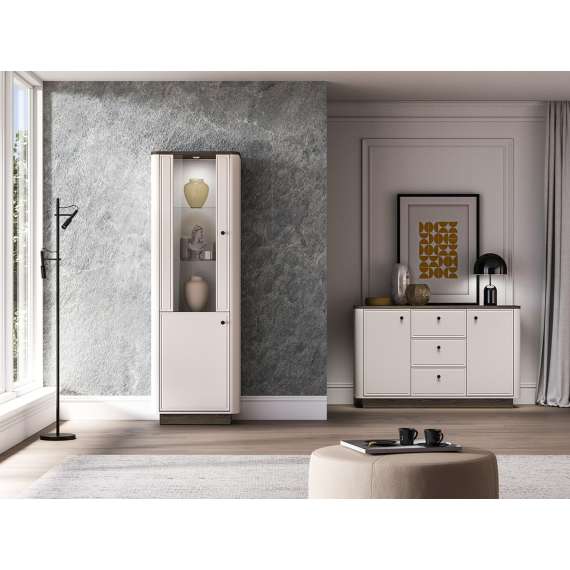 Vitrineskap VILAVIO 65x200 cm - 1 dør - eik windmill - cashmere - avrundede kanter