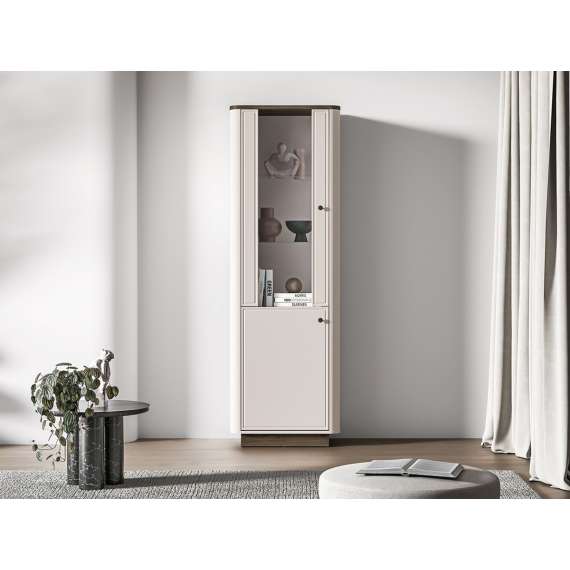 Vitrineskap VILAVIO 65x200 cm - 1 dør - eik windmill - cashmere - avrundede kanter