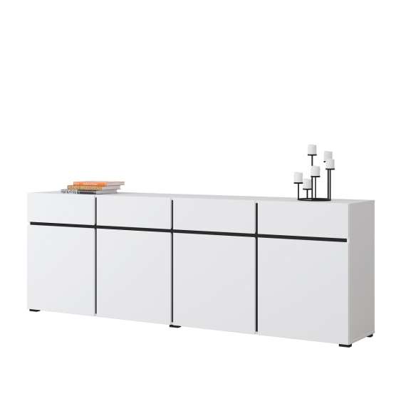 Skjenk Cross 225x78 cm - hvit - sort - 4 dører - 4 skuffer