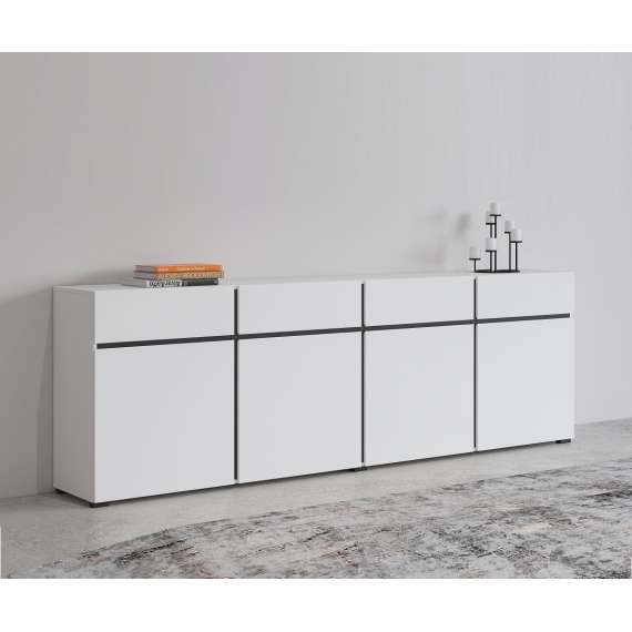 Skjenk Cross 225x78 cm - hvit - sort - 4 dører - 4 skuffer