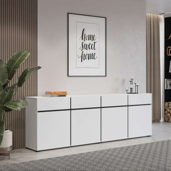 Skjenk Cross 225x78 cm - hvit - sort - 4 dører - 4 skuffer
