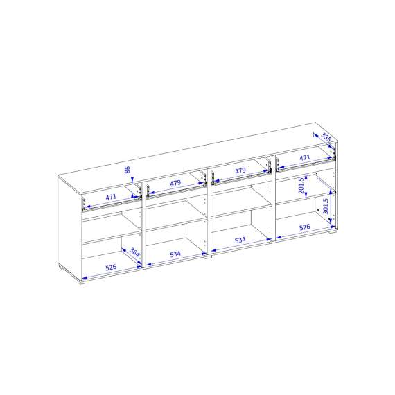 Skjenk Cross 225x78 cm - hvit - sort - 4 dører - 4 skuffer