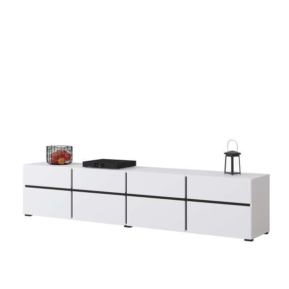 Tv-benk Cross 225x48 cm - hvit - sort - 4 dører - 4 skuffer
