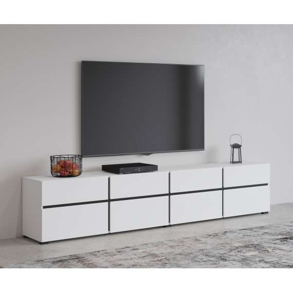 Tv-benk Cross 225x48 cm - hvit - sort - 4 dører - 4 skuffer