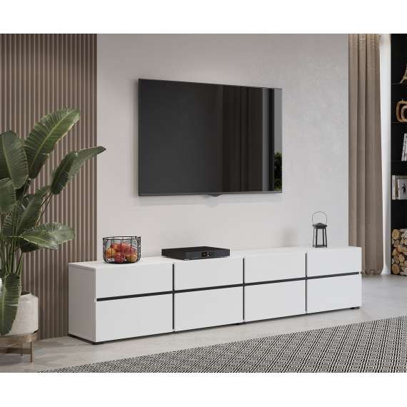 Tv-benk Cross 225x48 cm - hvit - sort - 4 dører - 4 skuffer