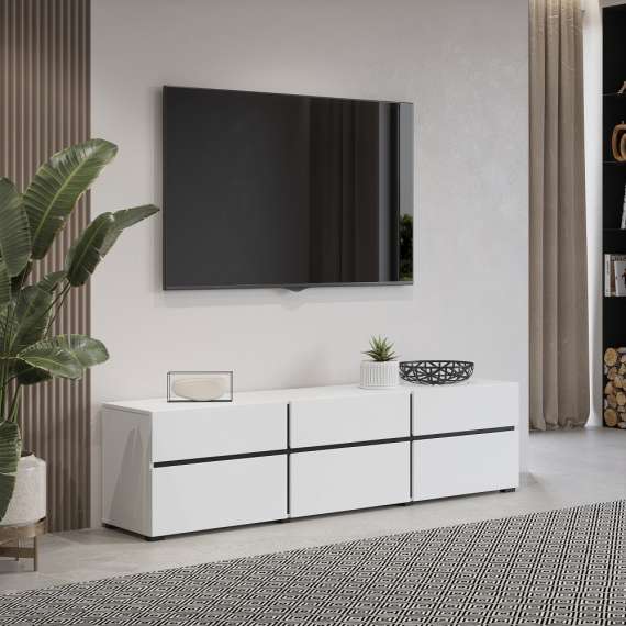 Tv-benk Cross 180x48 cm - hvit - sort - 3 dører - 3 skuffer