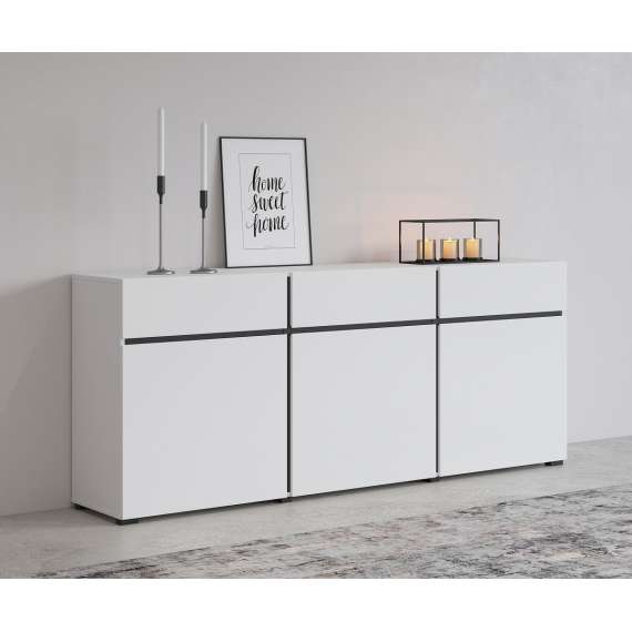 Skjenk Cross 180x78 cm - hvit - sort - 3 dører - 3 skuffer
