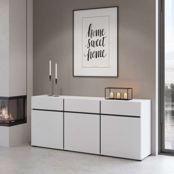 Skjenk Cross 180x78 cm - hvit - sort - 3 dører - 3 skuffer