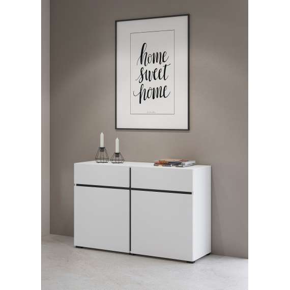 Skjenk Cross 119x78 cm - hvit - sort - 2 dører - 2 skuffer