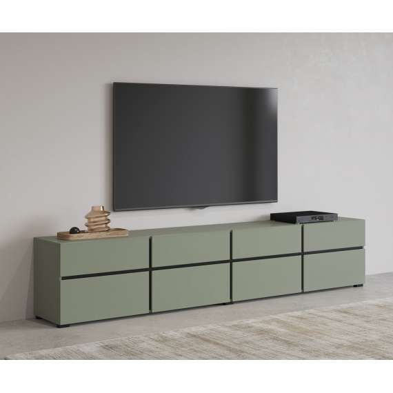Tv-benk Cross 225x48 cm - grønn - sort - 4 dører - 4 skuffer