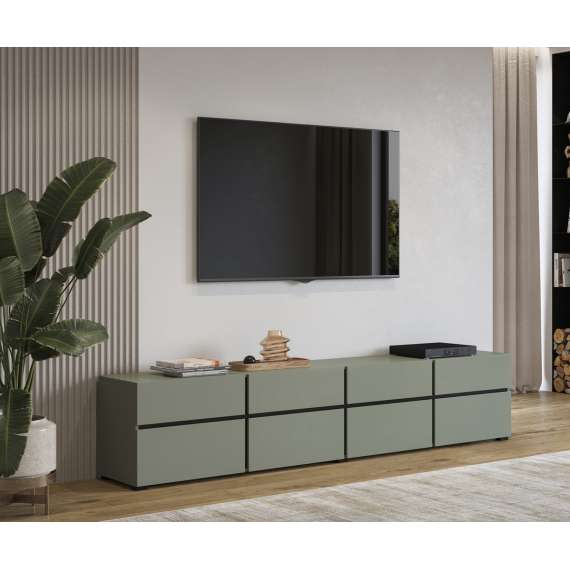 Tv-benk Cross 225x48 cm - grønn - sort - 4 dører - 4 skuffer