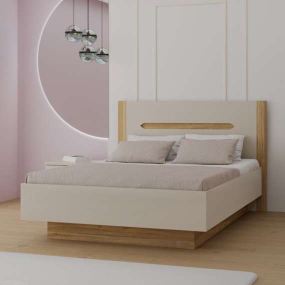 Seng EDWAL 140x200 cm - beige sand - eik mauvella - oppbevaringsplass