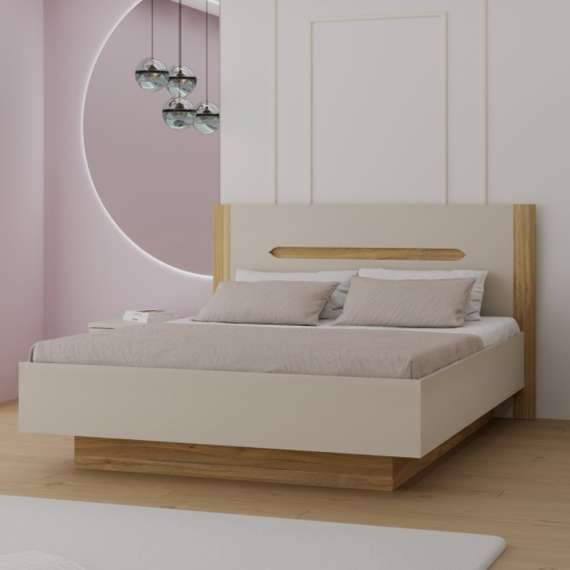 Seng EDWAL 160x200 cm - beige sand - eik mauvella - oppbevaringsplass