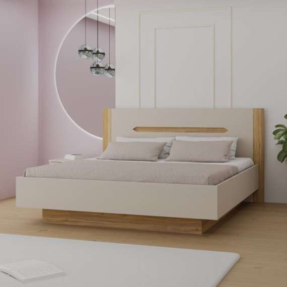 Seng EDWAL 180x200 cm - beige sand - eik mauvella - oppbevaringsplass